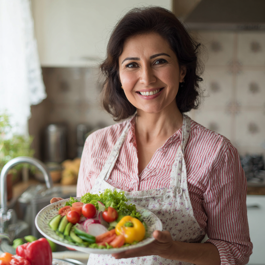 Türk görünümlü gülümseyen orta yaşlı kadın, mutfakta sağlıklı yemek hazırlarken, gerçekçi fotoğraf tarzında